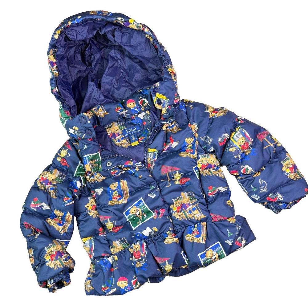 Ralph Lauren 3T Girl Navy Bear Duck Down Hood Zip Jacket Pony Pockets Preppy